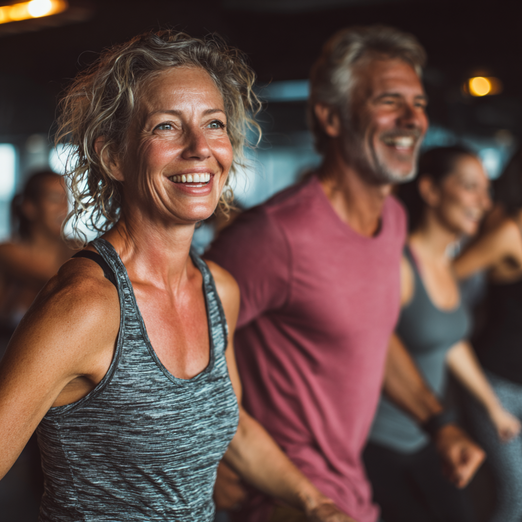 Middle-aged adults engaging in group fitness activities